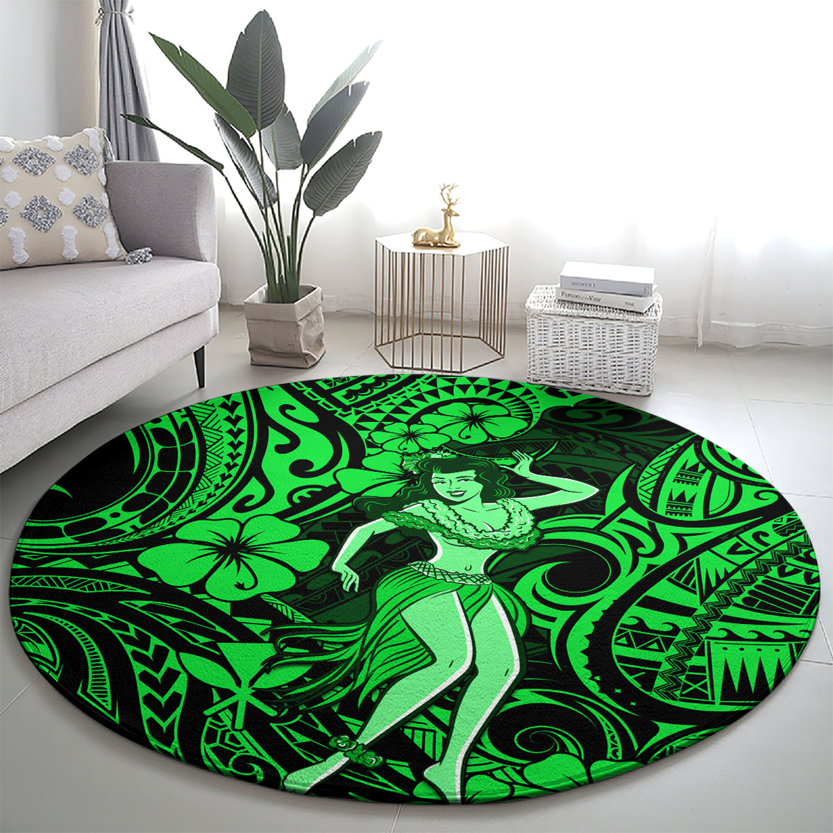 hawaii-hula-girl-round-carpet-polynesian-pattern-green-version