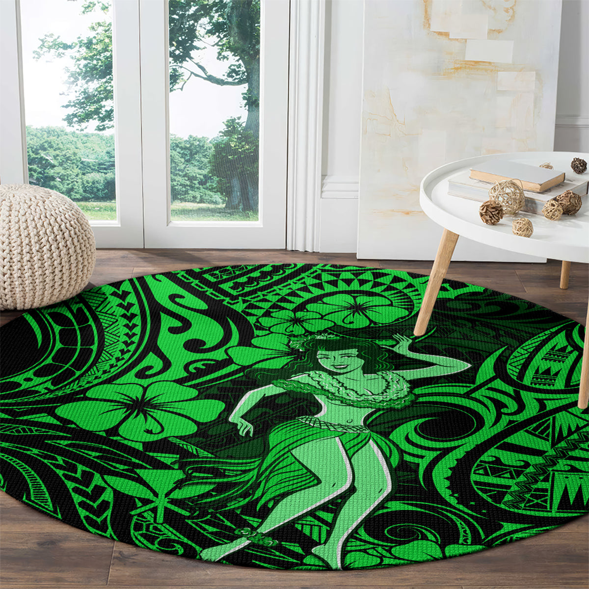 hawaii-hula-girl-round-carpet-polynesian-pattern-green-version