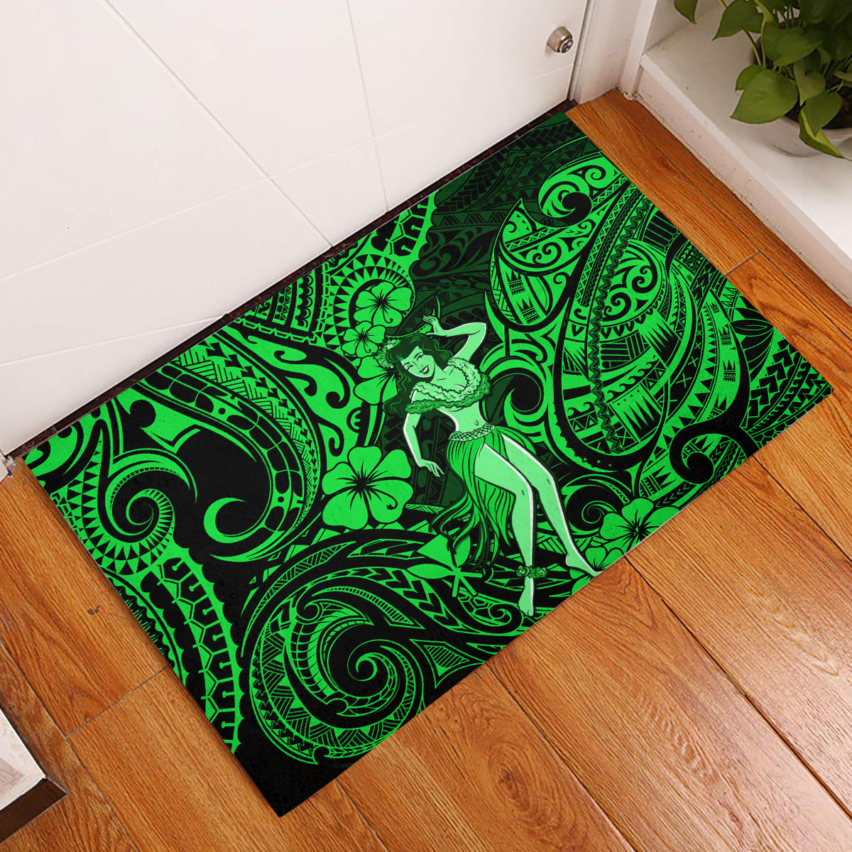 Hawaii Hula Girl Rubber Doormat Polynesian Pattern Green Version - Wonder Print Shop