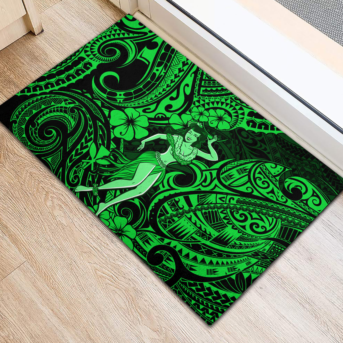 Hawaii Hula Girl Rubber Doormat Polynesian Pattern Green Version - Wonder Print Shop