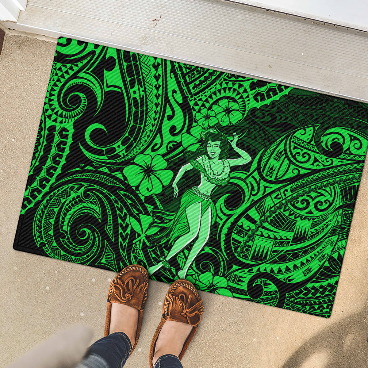 Hawaii Hula Girl Rubber Doormat Polynesian Pattern Green Version - Wonder Print Shop