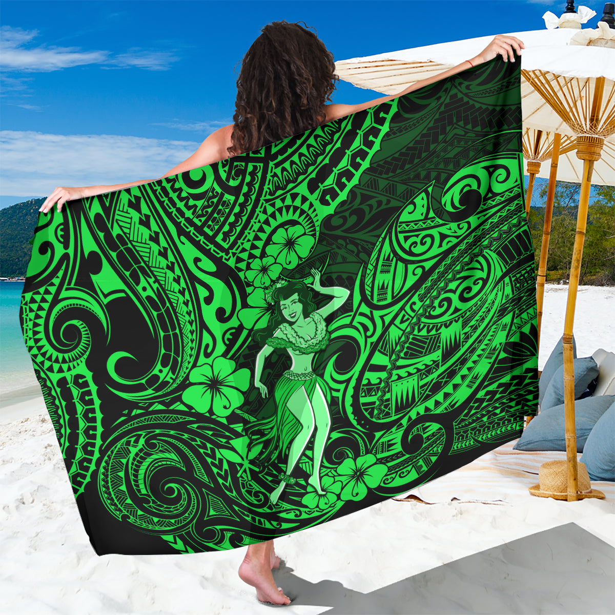 Hawaii Hula Girl Sarong Polynesian Pattern Green Version - Wonder Print Shop