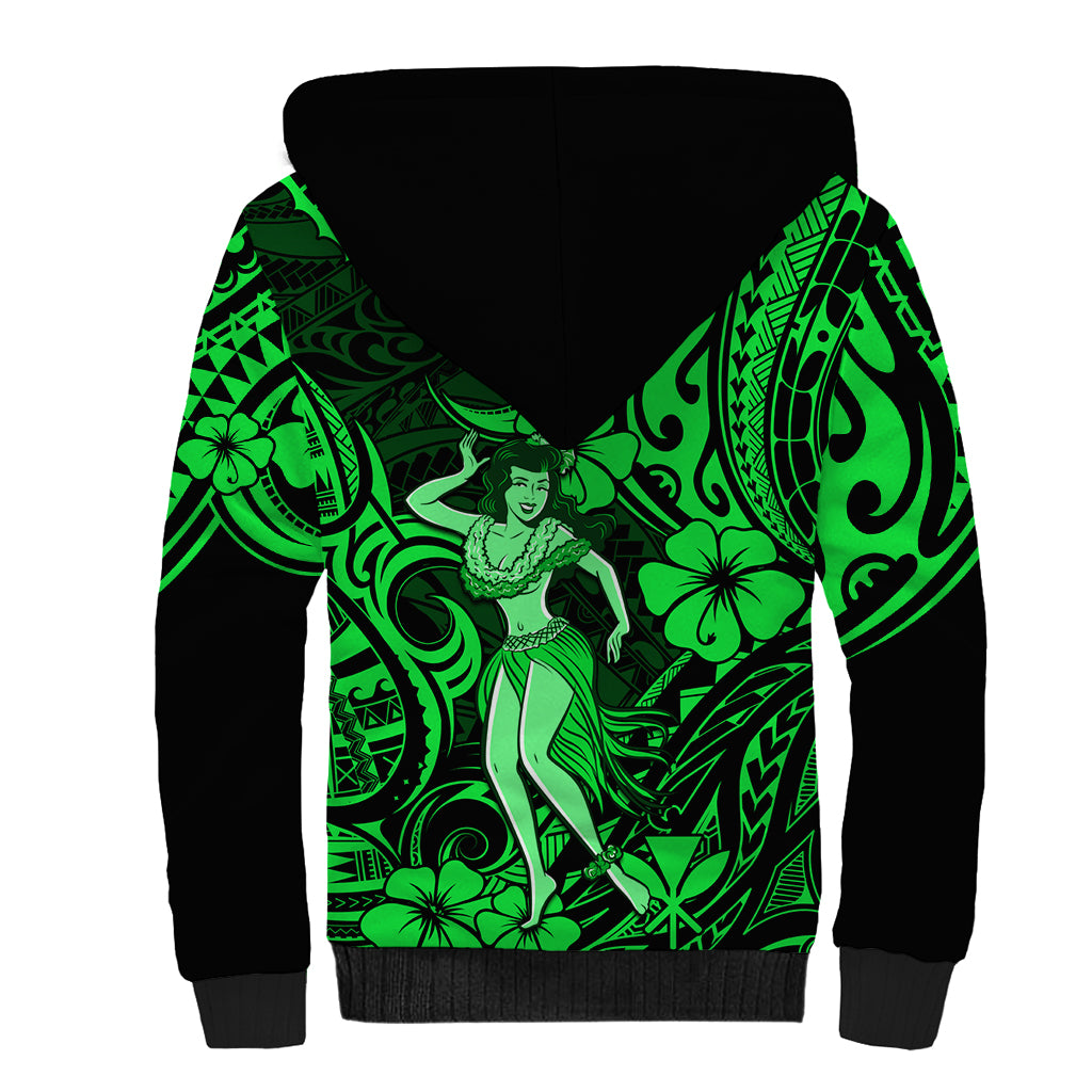 Hawaii Hula Girl Sherpa Hoodie Polynesian Pattern Green Version - Wonder Print Shop