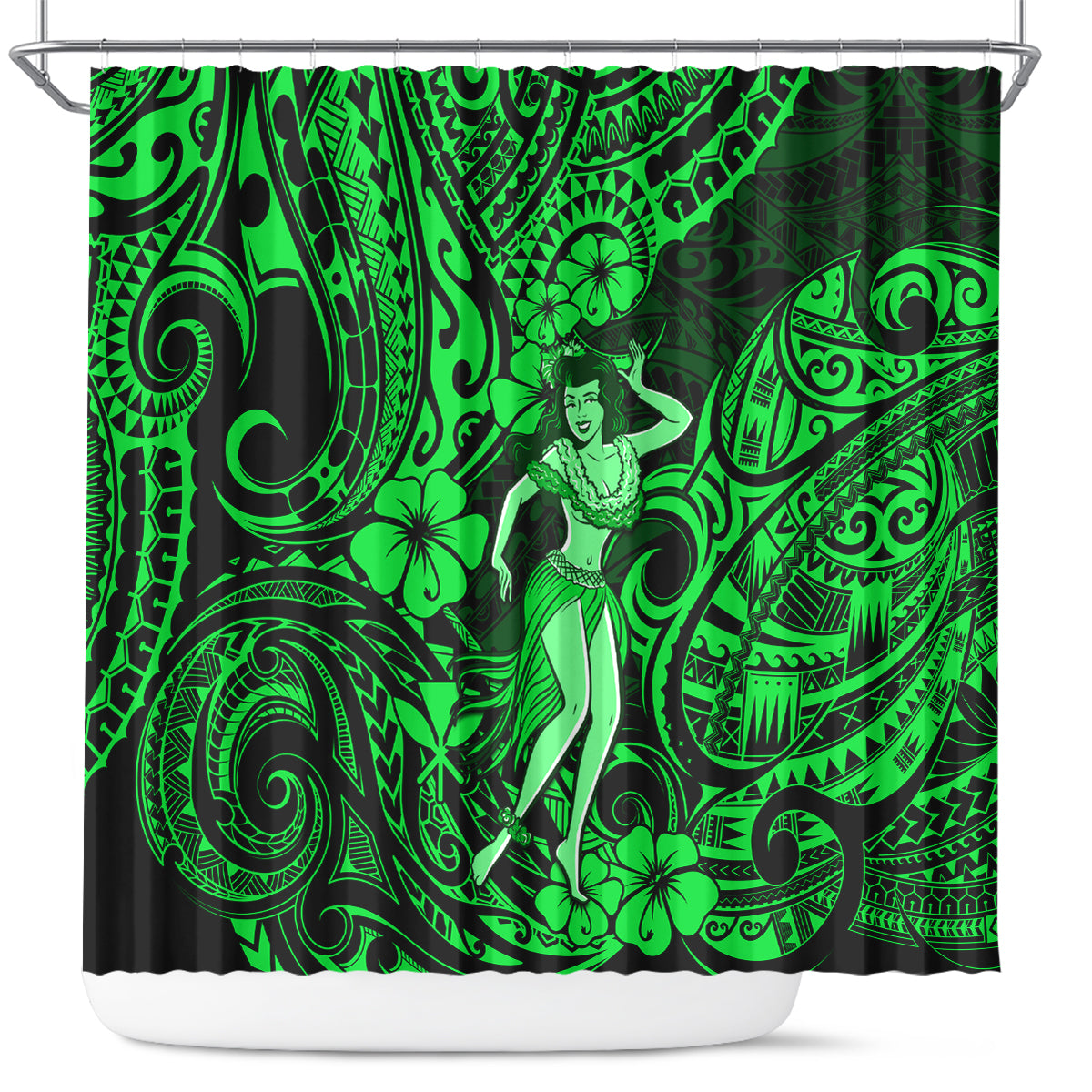 hawaii-hula-girl-shower-curtain-polynesian-pattern-green-version