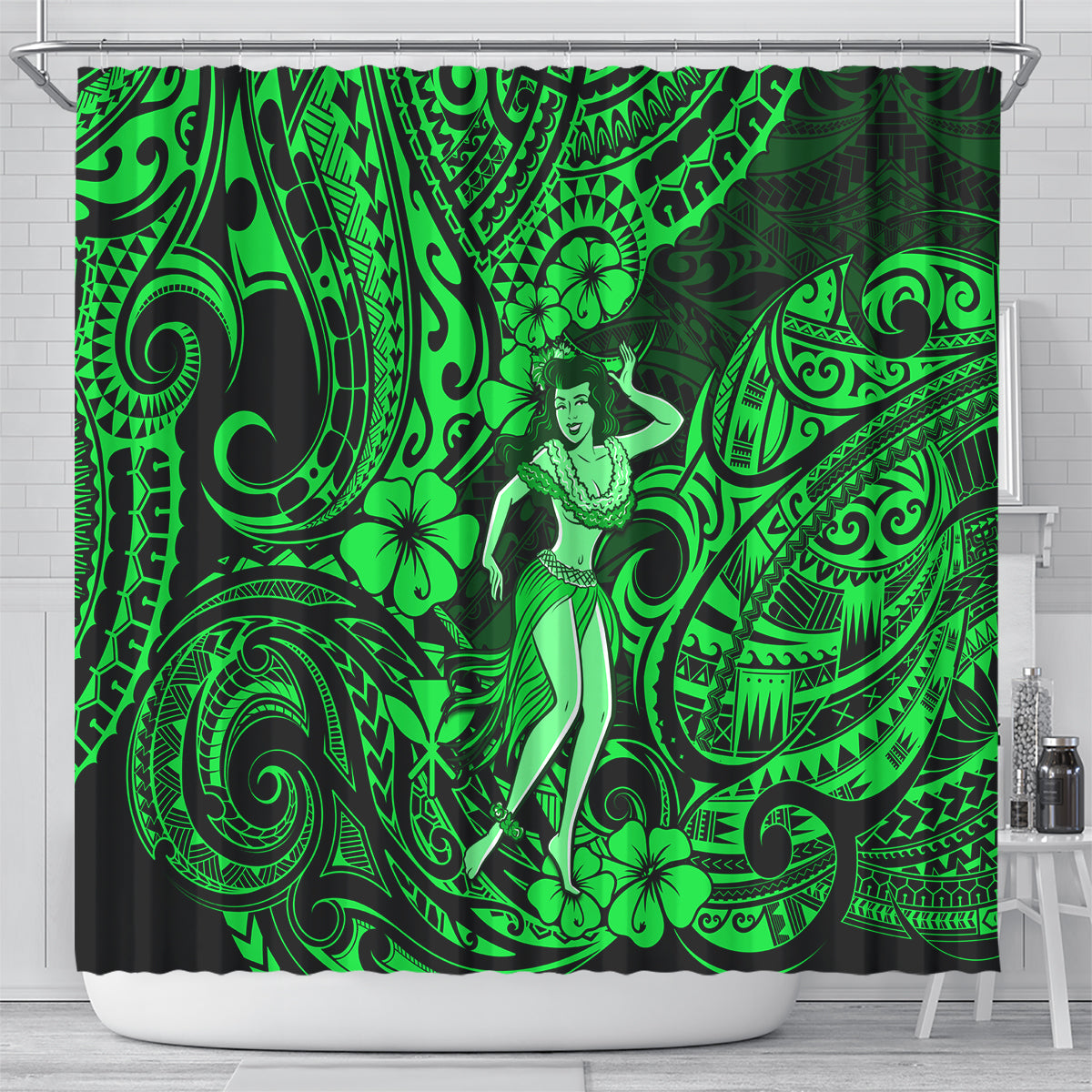 hawaii-hula-girl-shower-curtain-polynesian-pattern-green-version