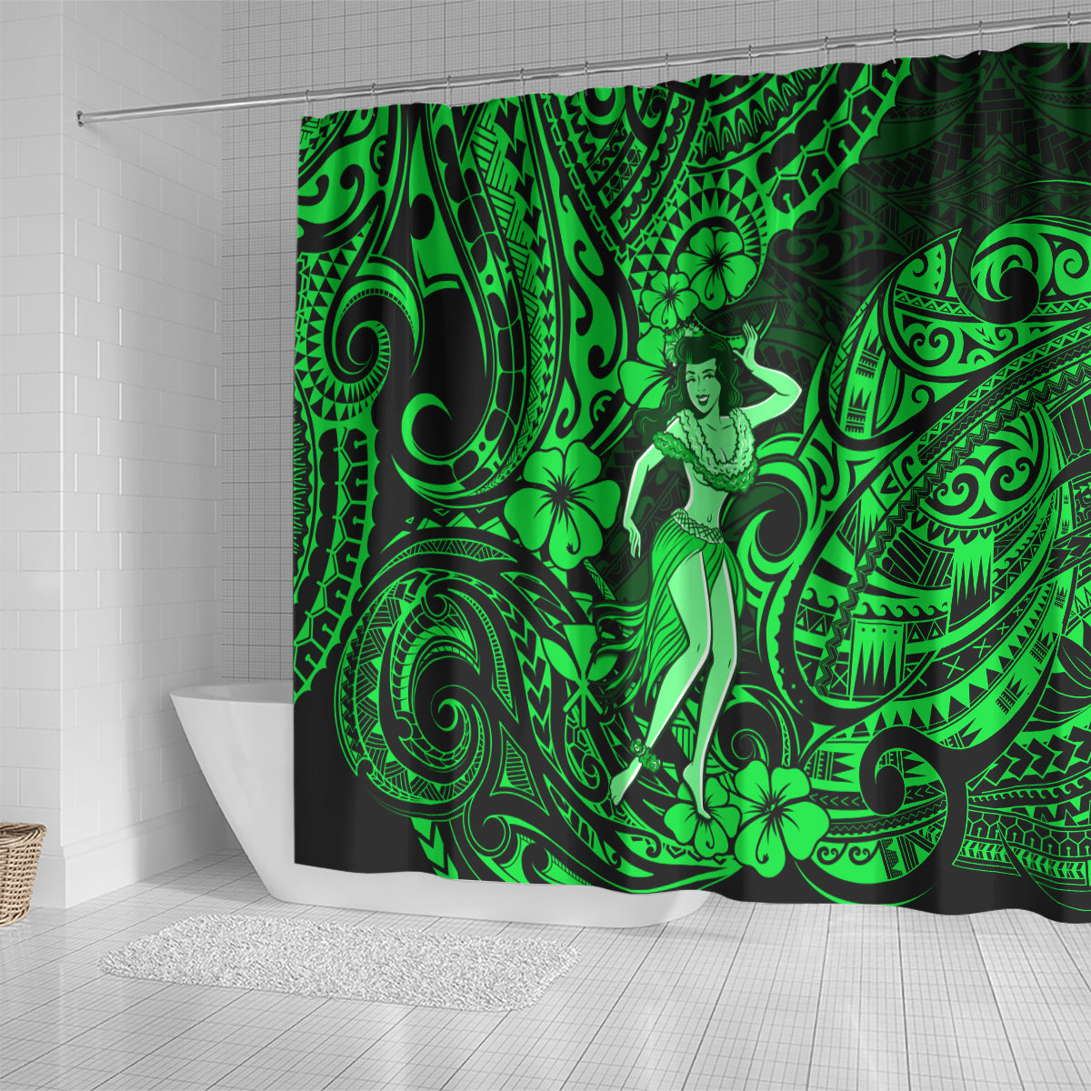 hawaii-hula-girl-shower-curtain-polynesian-pattern-green-version
