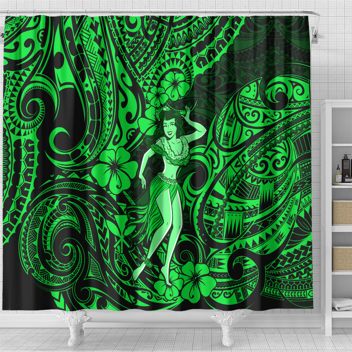 hawaii-hula-girl-shower-curtain-polynesian-pattern-green-version