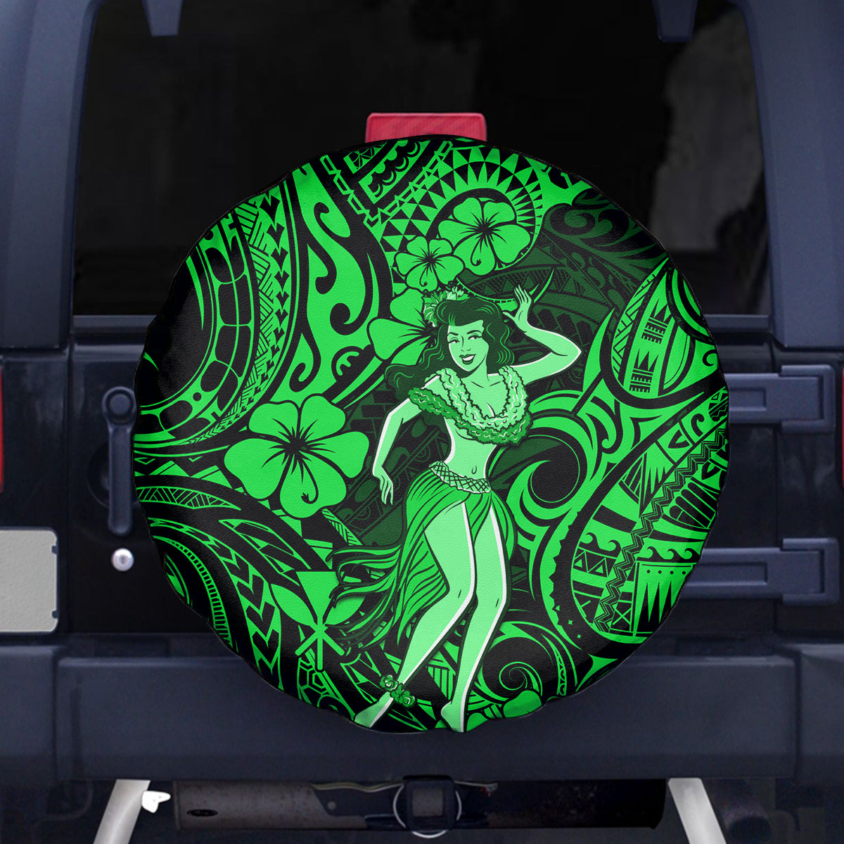 Hawaii Hula Girl Spare Tire Cover Polynesian Pattern Green Version - Wonder Print Shop