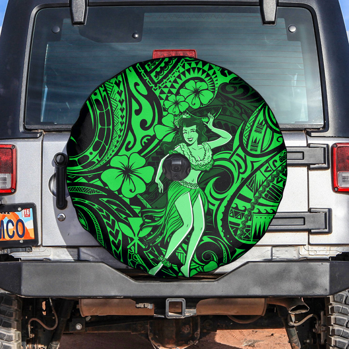 Hawaii Hula Girl Spare Tire Cover Polynesian Pattern Green Version - Wonder Print Shop