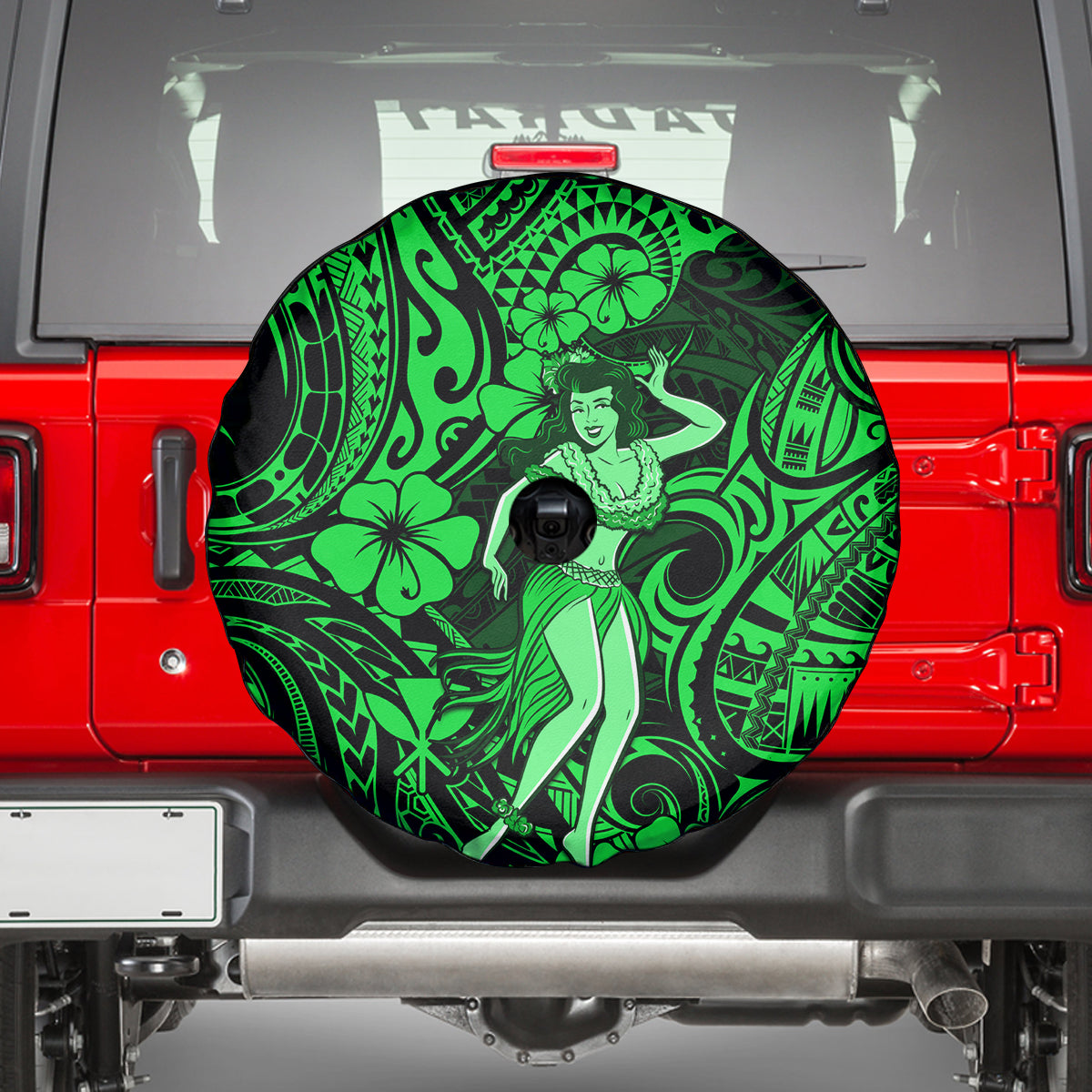 Hawaii Hula Girl Spare Tire Cover Polynesian Pattern Green Version - Wonder Print Shop