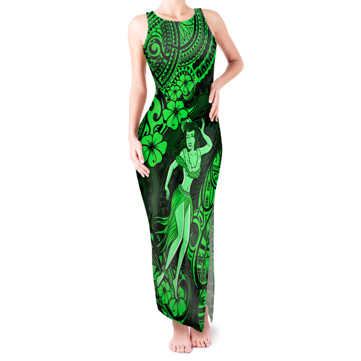 Hawaii Hula Girl Tank Maxi Dress Polynesian Pattern Green Version - Wonder Print Shop