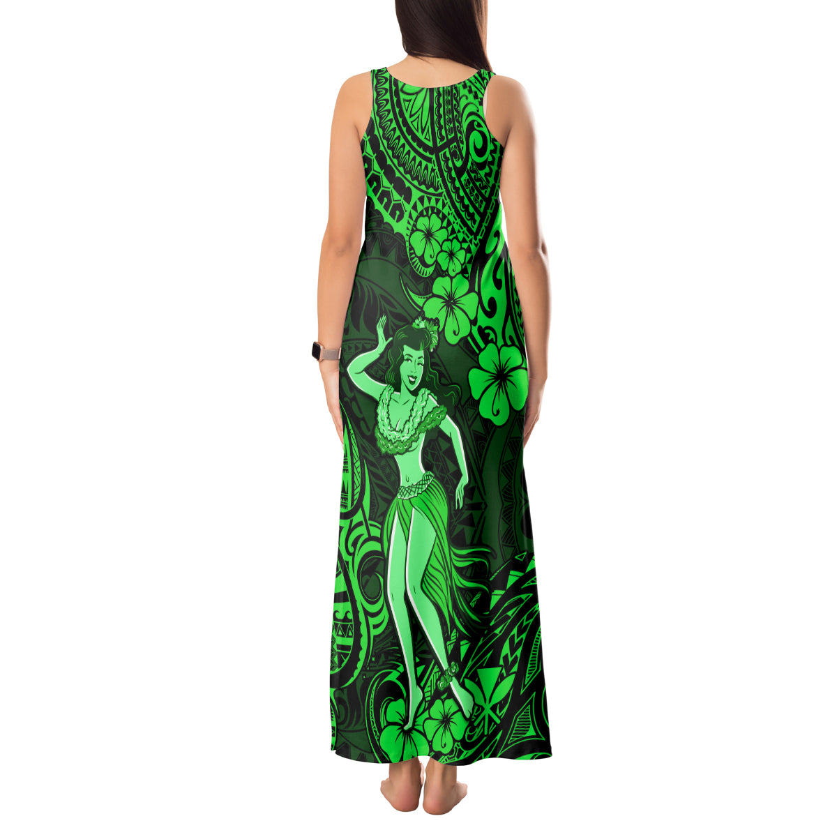 Hawaii Hula Girl Tank Maxi Dress Polynesian Pattern Green Version - Wonder Print Shop