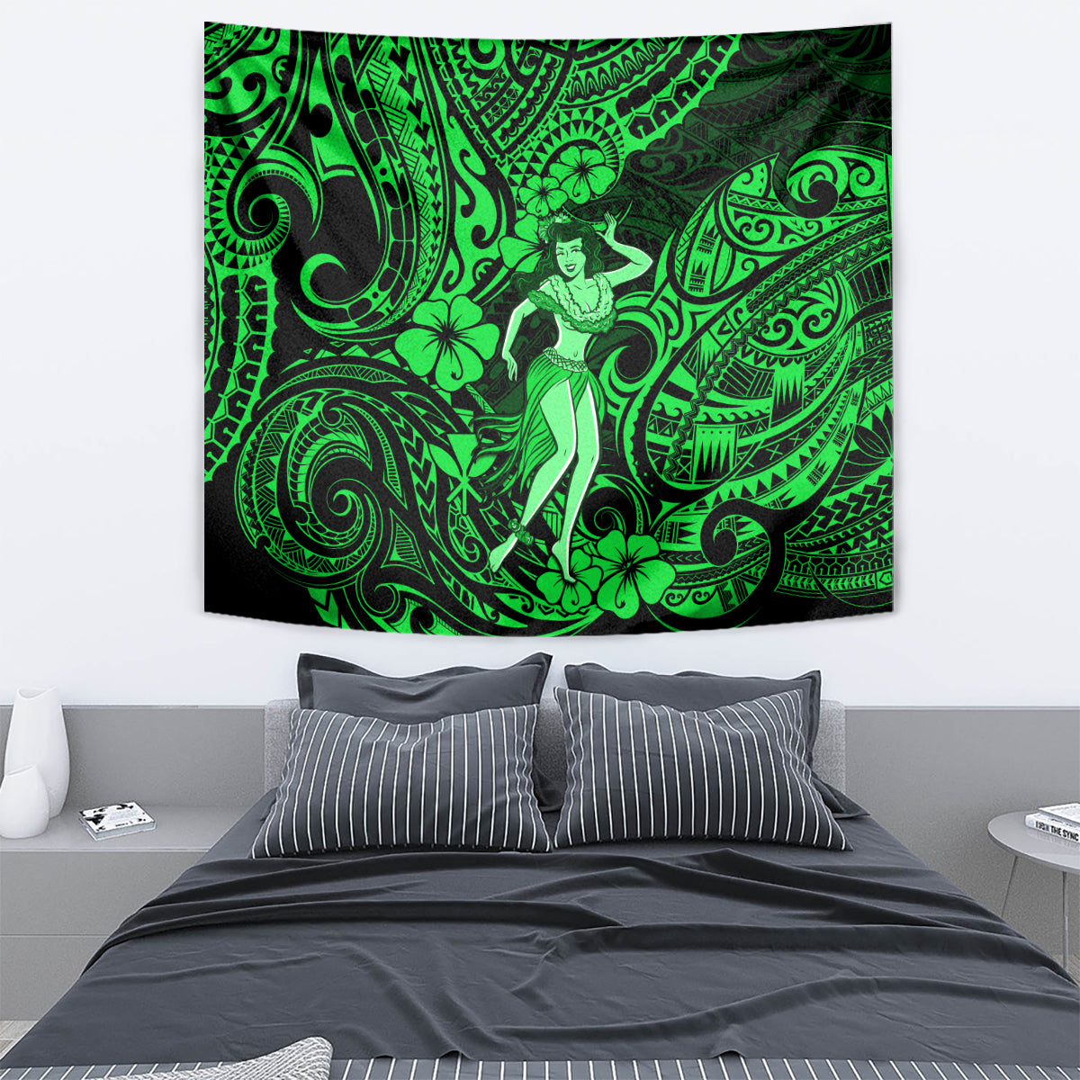 Hawaii Hula Girl Tapestry Polynesian Pattern Green Version - Wonder Print Shop
