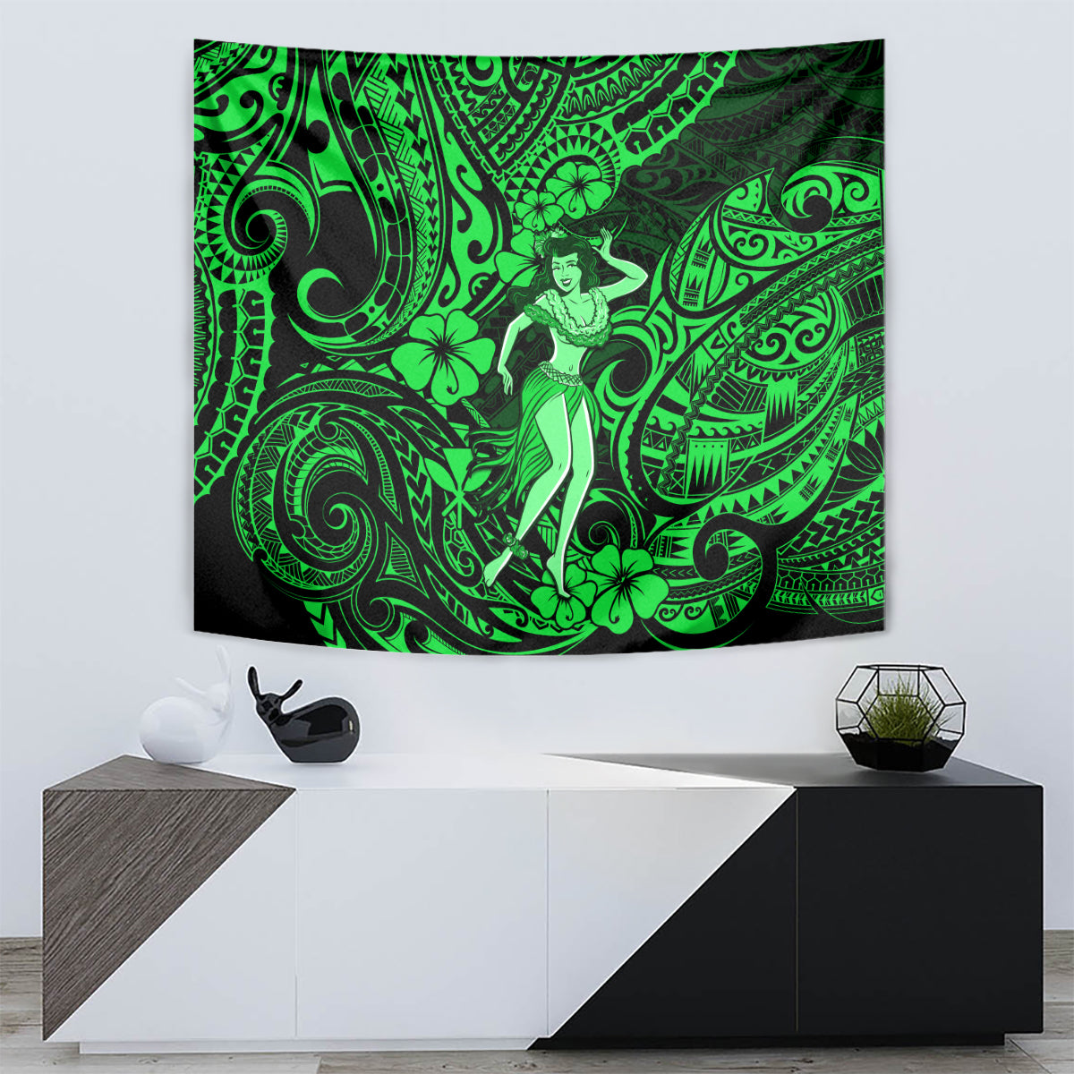Hawaii Hula Girl Tapestry Polynesian Pattern Green Version - Wonder Print Shop