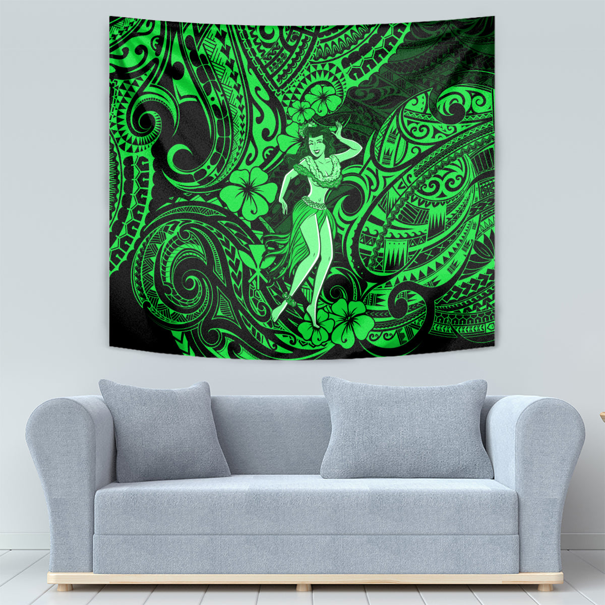 Hawaii Hula Girl Tapestry Polynesian Pattern Green Version - Wonder Print Shop