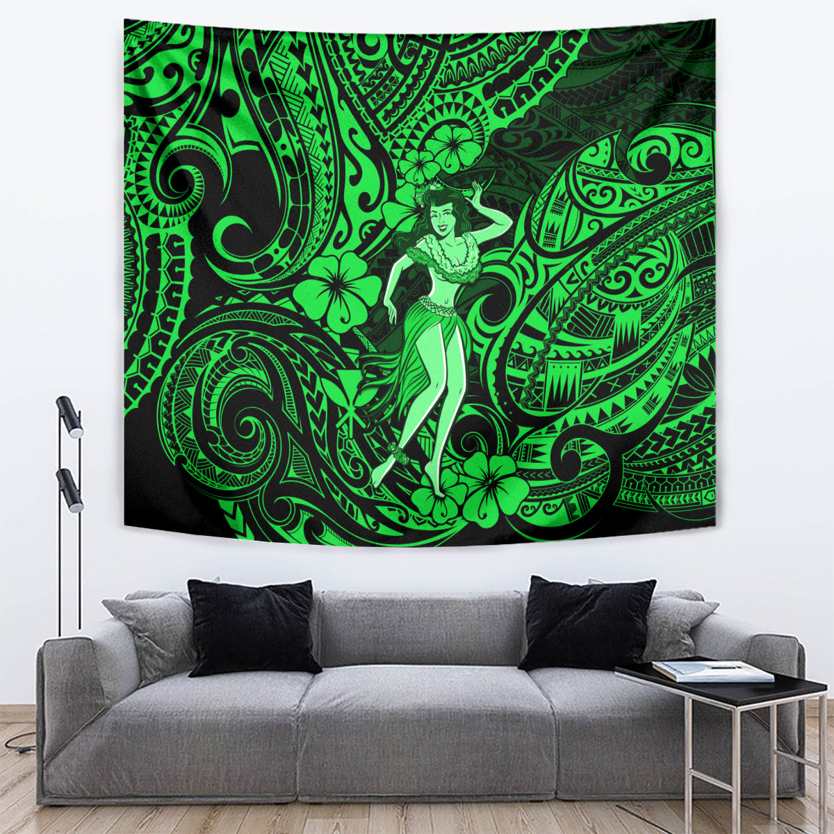 Hawaii Hula Girl Tapestry Polynesian Pattern Green Version - Wonder Print Shop