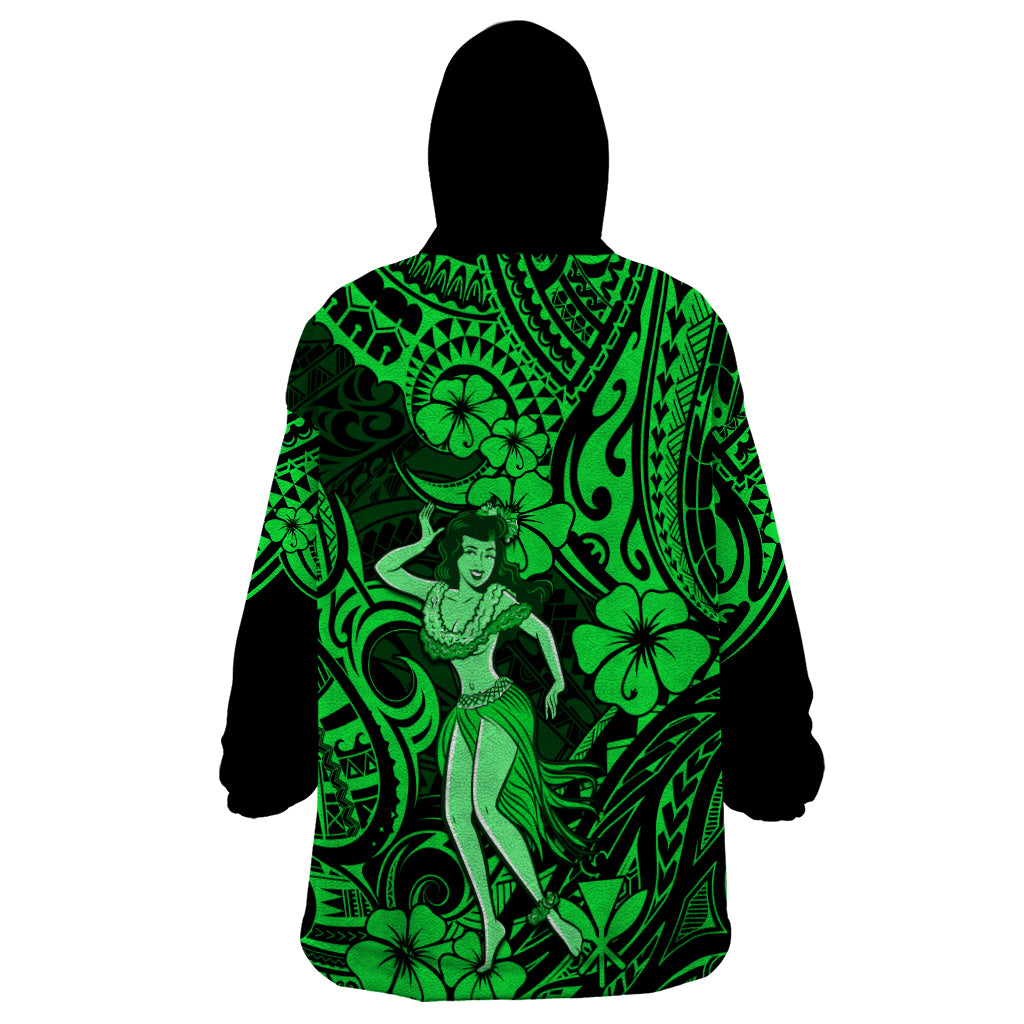 Hawaii Hula Girl Wearable Blanket Hoodie Polynesian Pattern Green Version - Wonder Print Shop