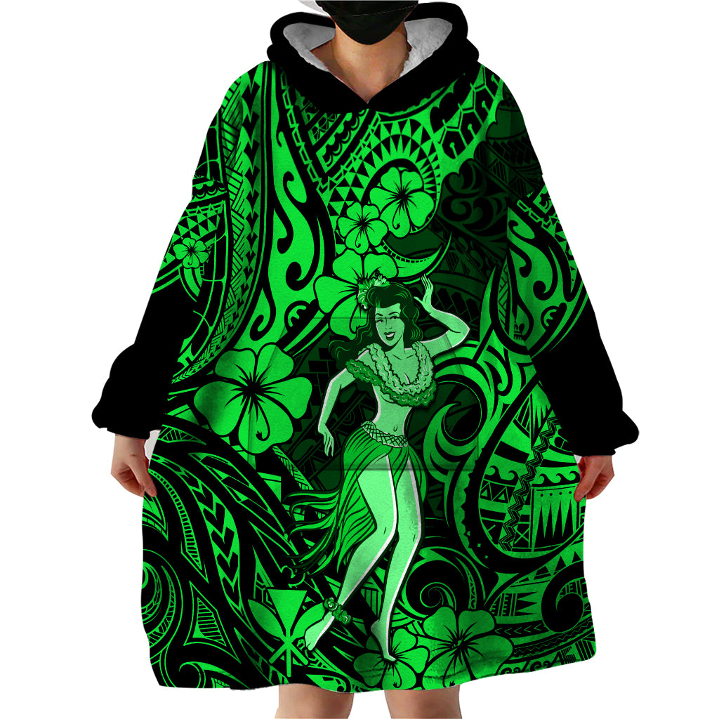 Hawaii Hula Girl Wearable Blanket Hoodie Polynesian Pattern Green Version - Wonder Print Shop