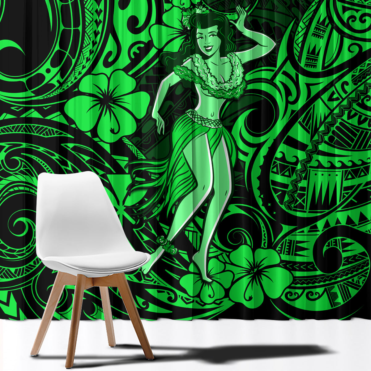 Hawaii Hula Girl Window Curtain Polynesian Pattern Green Version - Wonder Print Shop