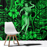 Hawaii Hula Girl Window Curtain Polynesian Pattern Green Version - Wonder Print Shop