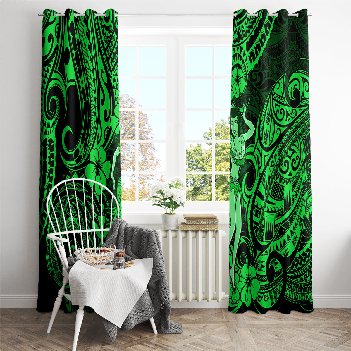 Hawaii Hula Girl Window Curtain Polynesian Pattern Green Version - Wonder Print Shop