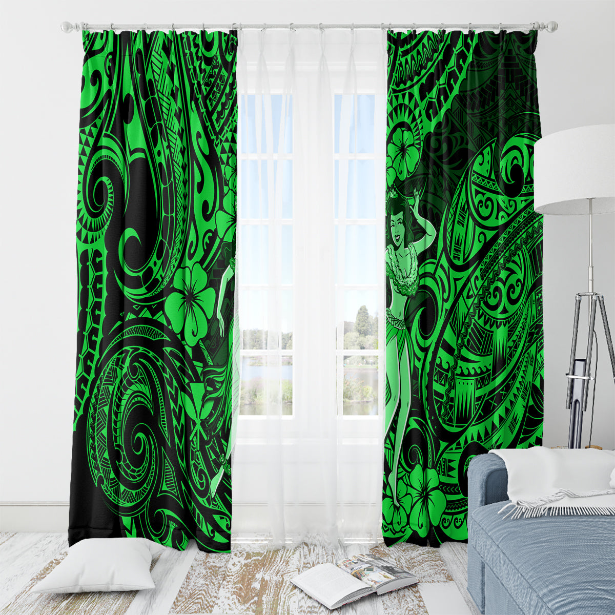 Hawaii Hula Girl Window Curtain Polynesian Pattern Green Version - Wonder Print Shop