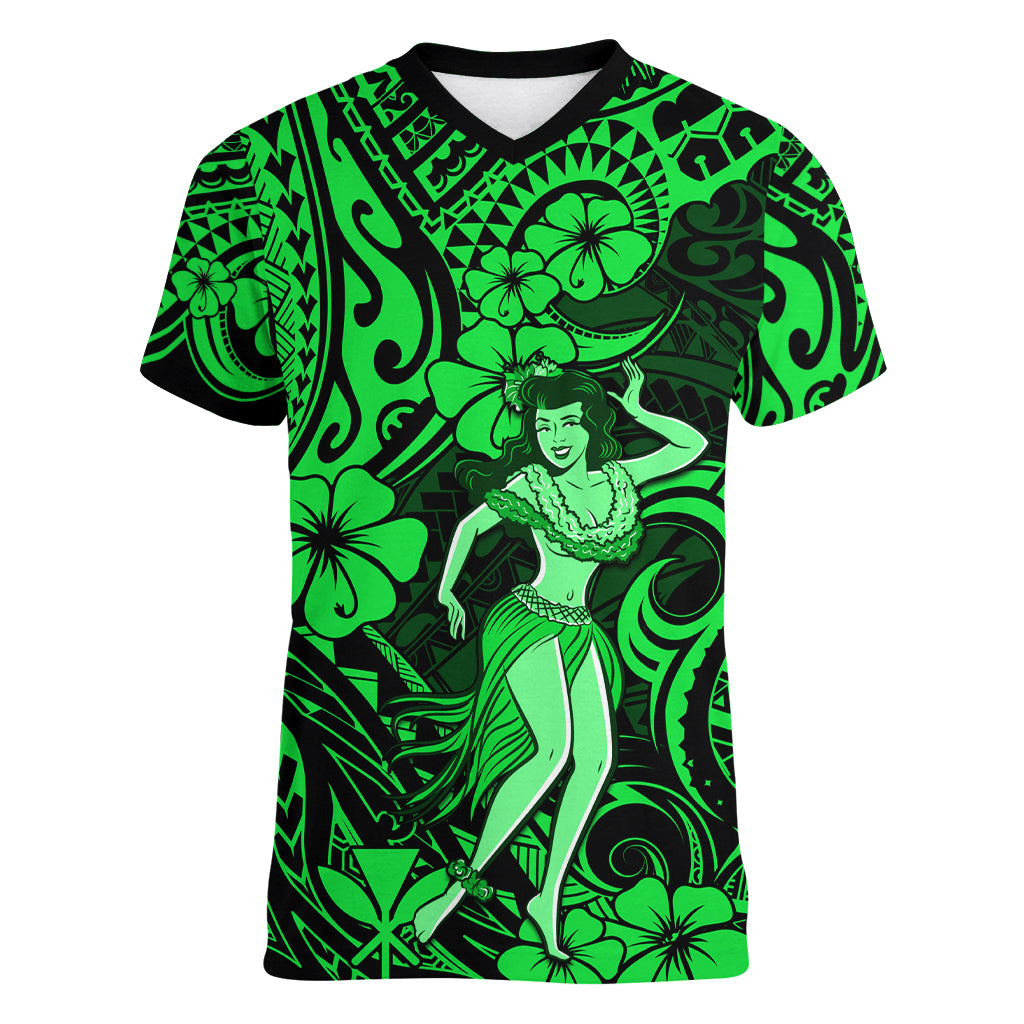 Hawaii Hula Girl Women V Neck T Shirt Polynesian Pattern Green Version - Wonder Print Shop