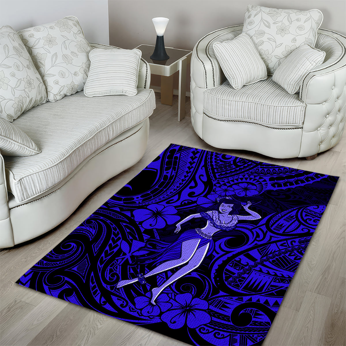 Hawaii Hula Girl Area Rug Polynesian Pattern Navy Blue Version - Wonder Print Shop