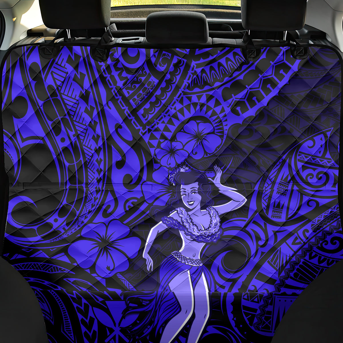 Hawaii Hula Girl Back Car Seat Cover Polynesian Pattern Navy Blue Version - Wonder Print Shop