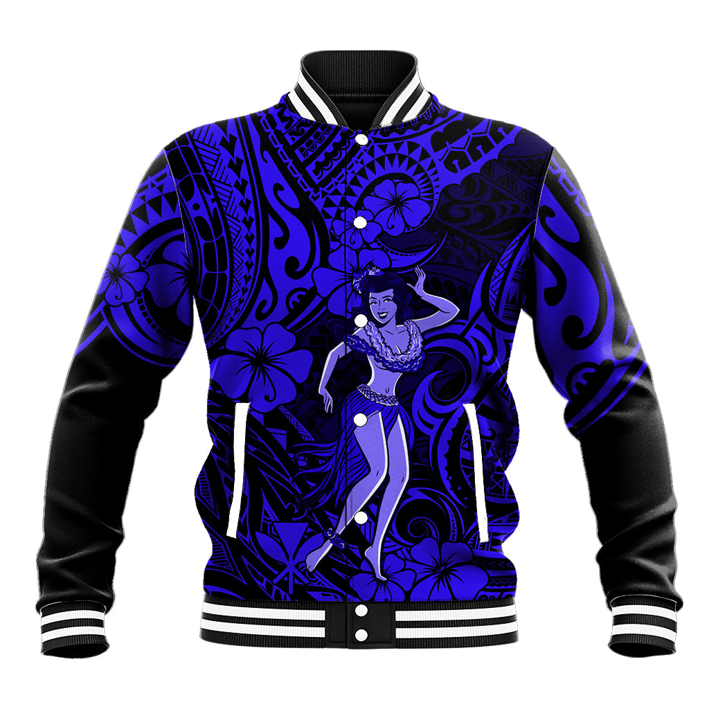 Hawaii Hula Girl Baseball Jacket Polynesian Pattern Navy Blue Version - Wonder Print Shop