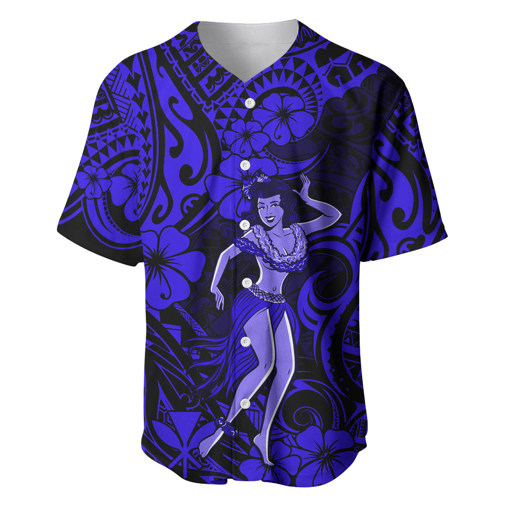Hawaii Hula Girl Baseball Jersey Polynesian Pattern Navy Blue Version - Wonder Print Shop