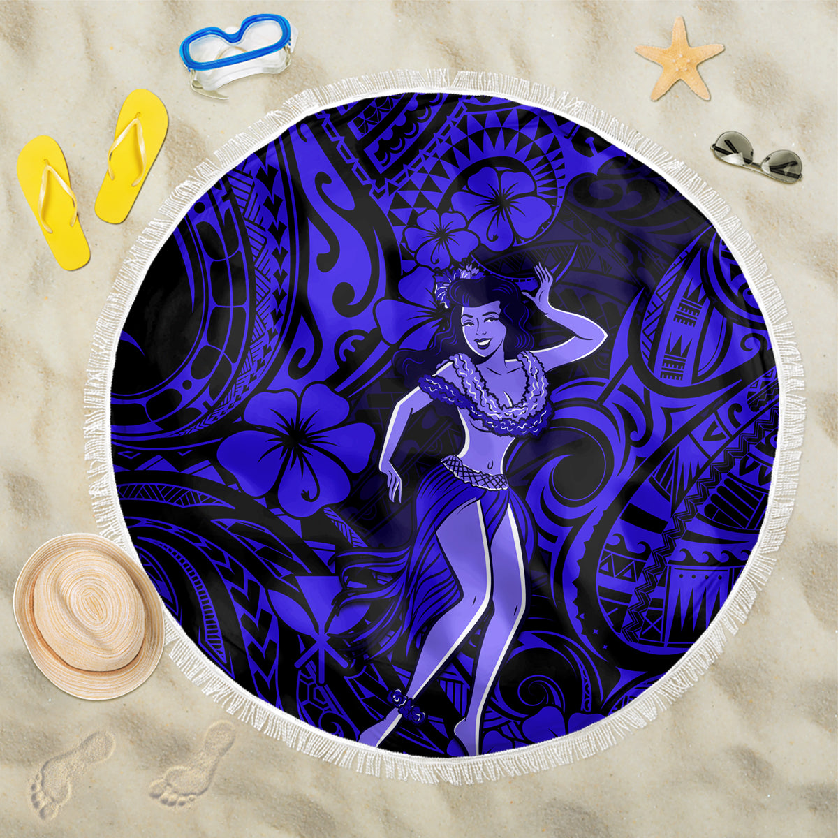 Hawaii Hula Girl Beach Blanket Polynesian Pattern Navy Blue Version - Wonder Print Shop