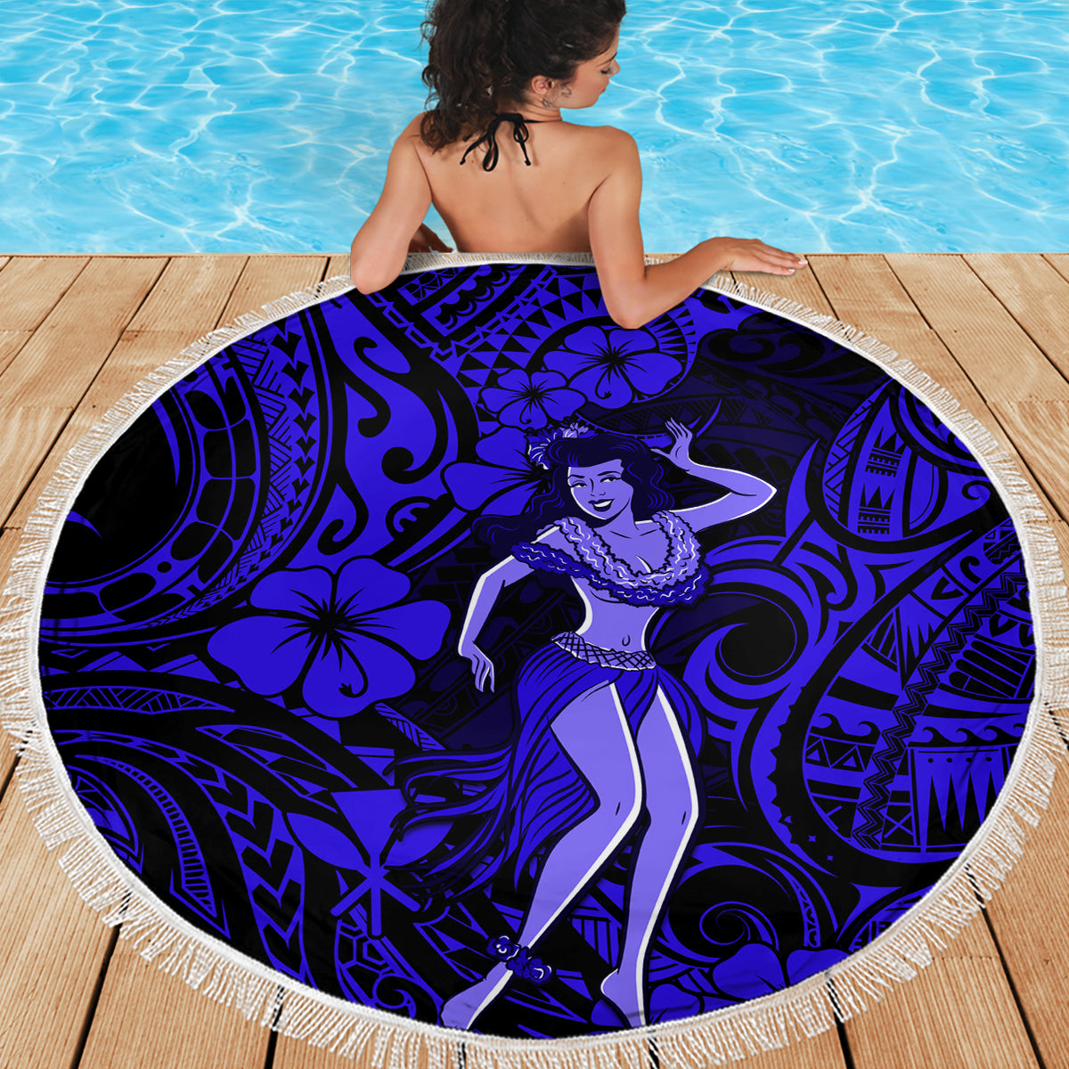 Hawaii Hula Girl Beach Blanket Polynesian Pattern Navy Blue Version - Wonder Print Shop