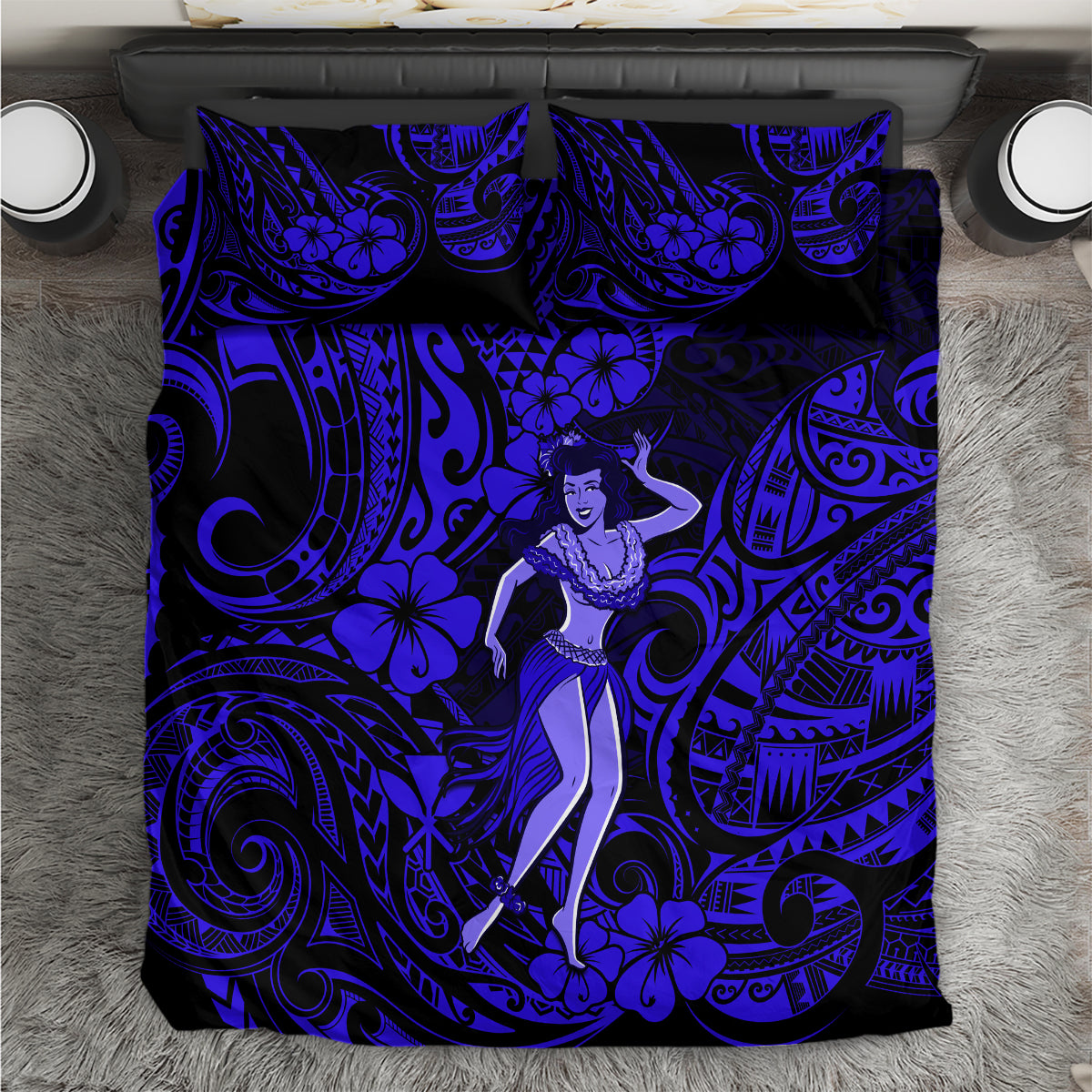Hawaii Hula Girl Bedding Set Polynesian Pattern Navy Blue Version - Wonder Print Shop