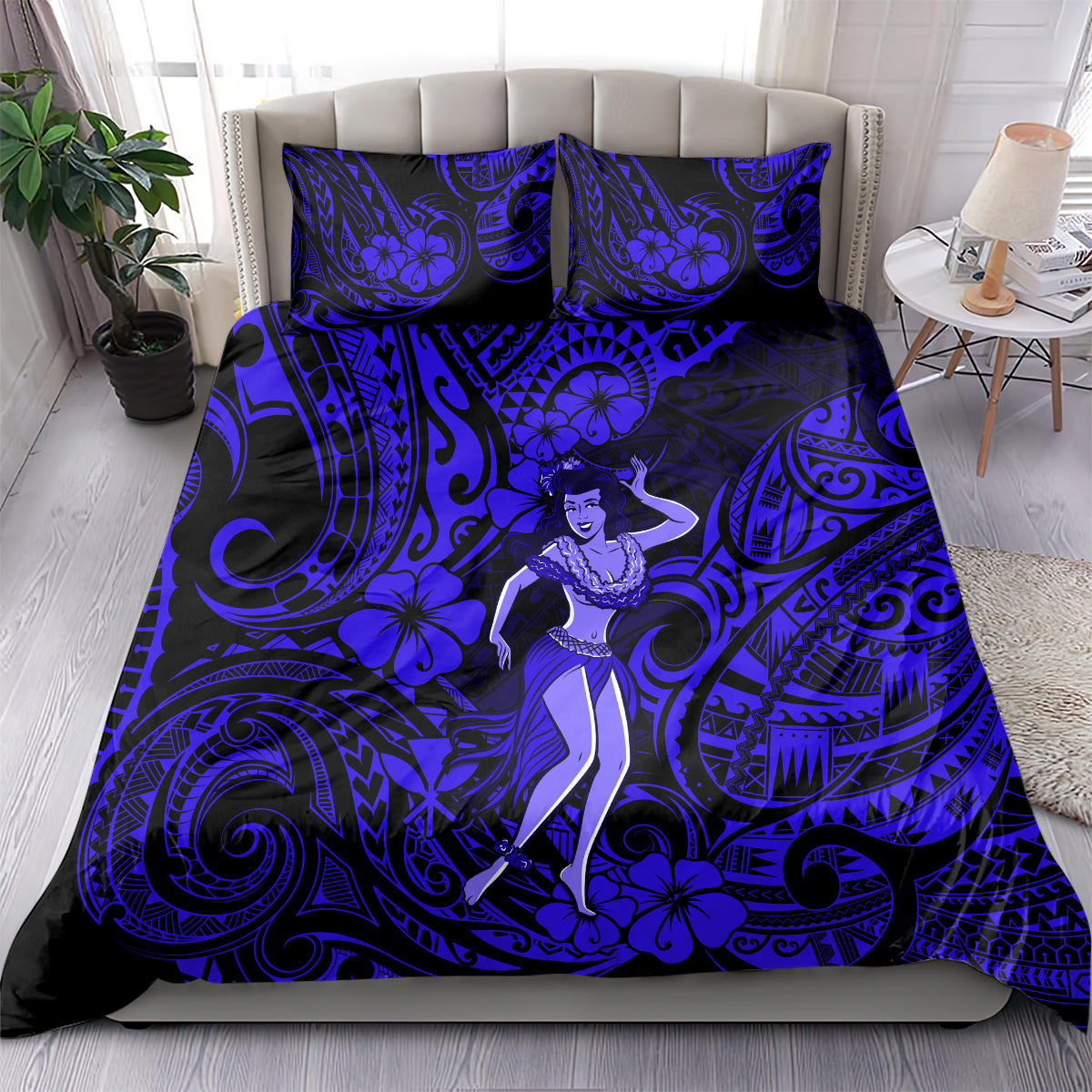Hawaii Hula Girl Bedding Set Polynesian Pattern Navy Blue Version - Wonder Print Shop