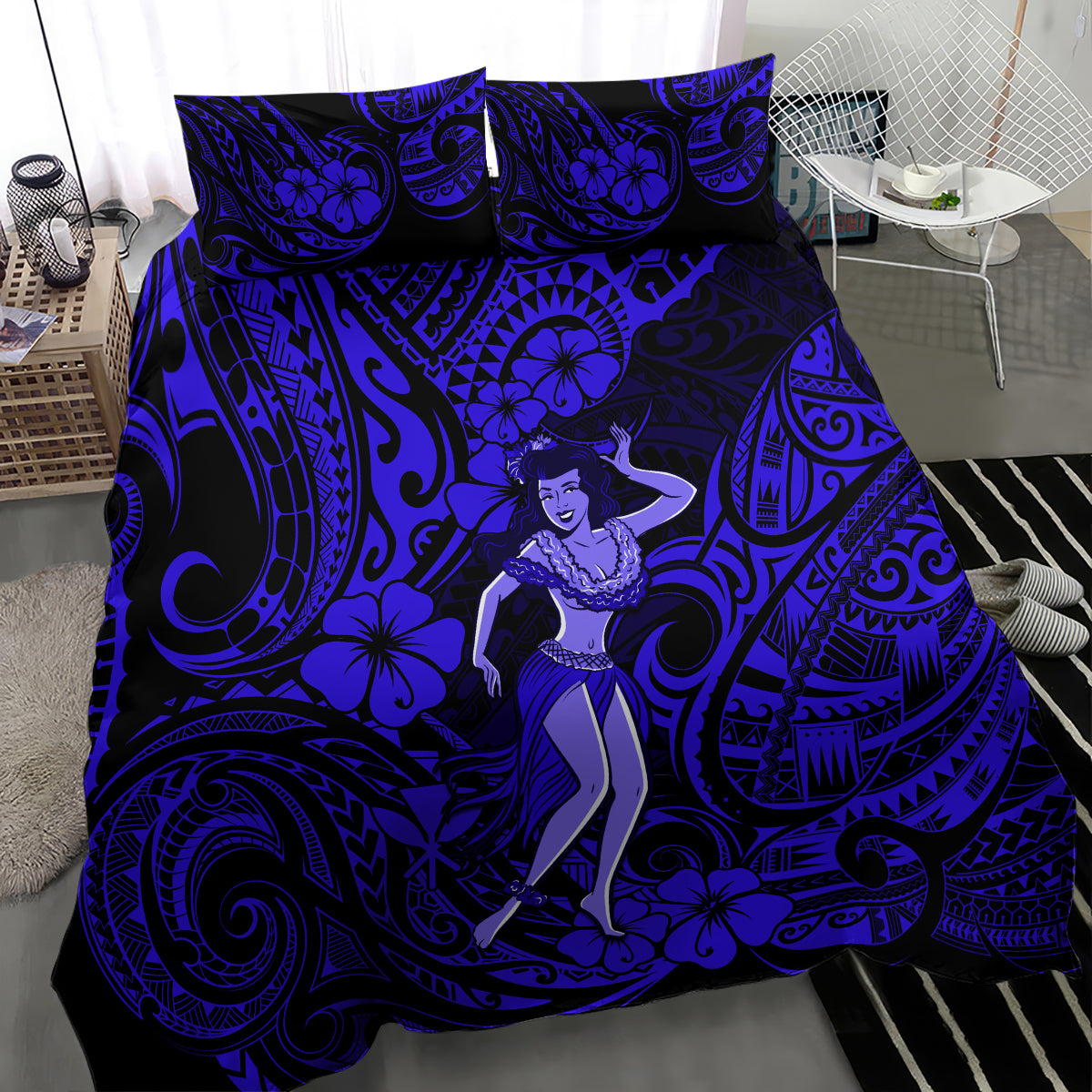 Hawaii Hula Girl Bedding Set Polynesian Pattern Navy Blue Version - Wonder Print Shop