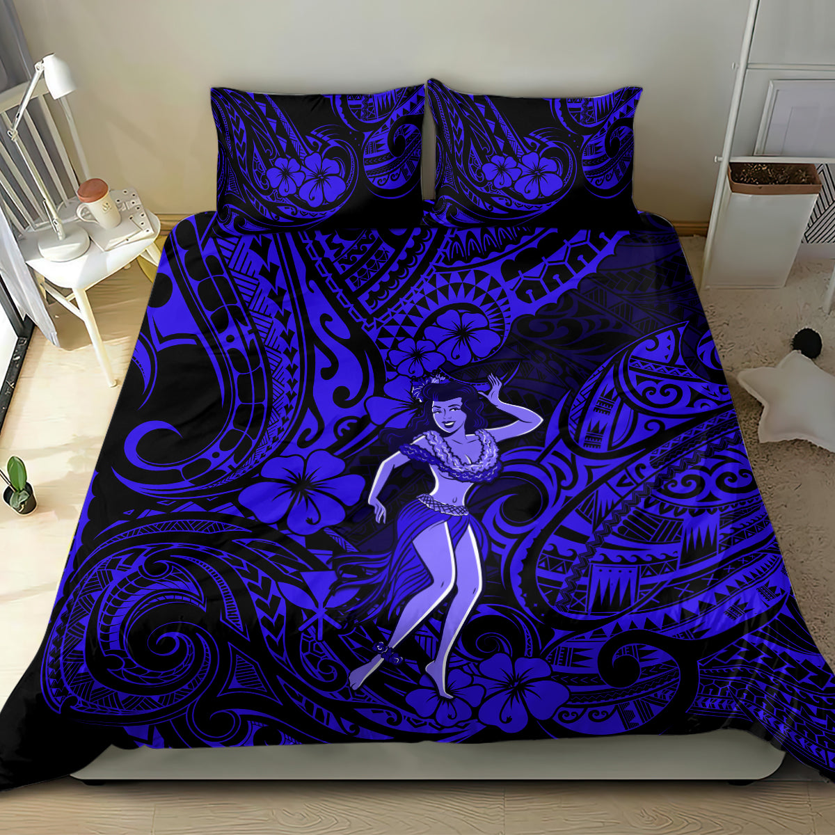 Hawaii Hula Girl Bedding Set Polynesian Pattern Navy Blue Version - Wonder Print Shop