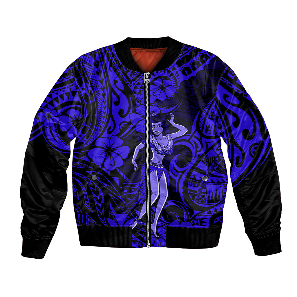 Hawaii Hula Girl Bomber Jacket Polynesian Pattern Navy Blue Version - Wonder Print Shop