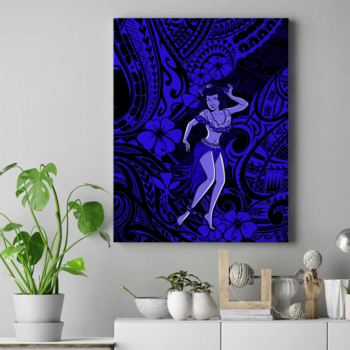 Hawaii Hula Girl Canvas Wall Art Polynesian Pattern Navy Blue Version - Wonder Print Shop