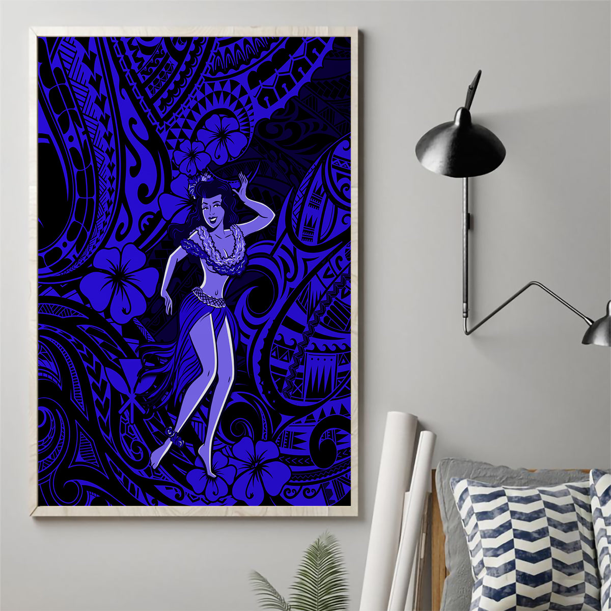 Hawaii Hula Girl Canvas Wall Art Polynesian Pattern Navy Blue Version - Wonder Print Shop