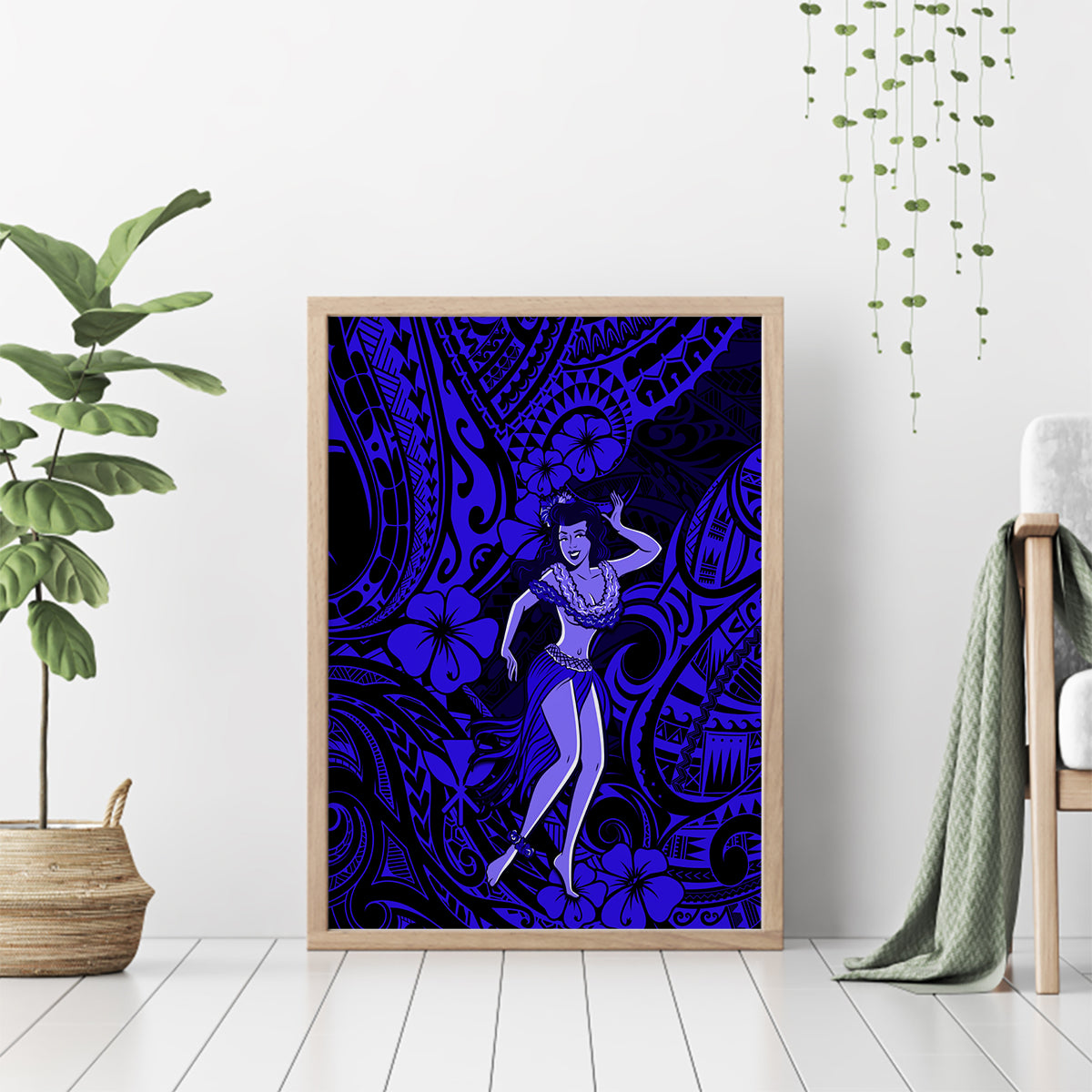 Hawaii Hula Girl Canvas Wall Art Polynesian Pattern Navy Blue Version - Wonder Print Shop
