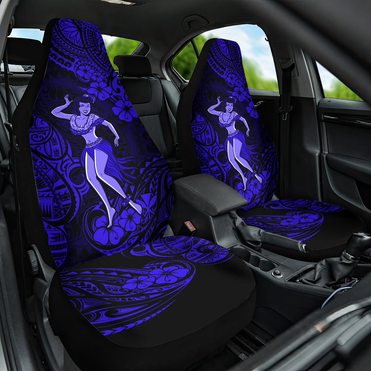 Hawaii Hula Girl Car Seat Cover Polynesian Pattern Navy Blue Version - Wonder Print Shop