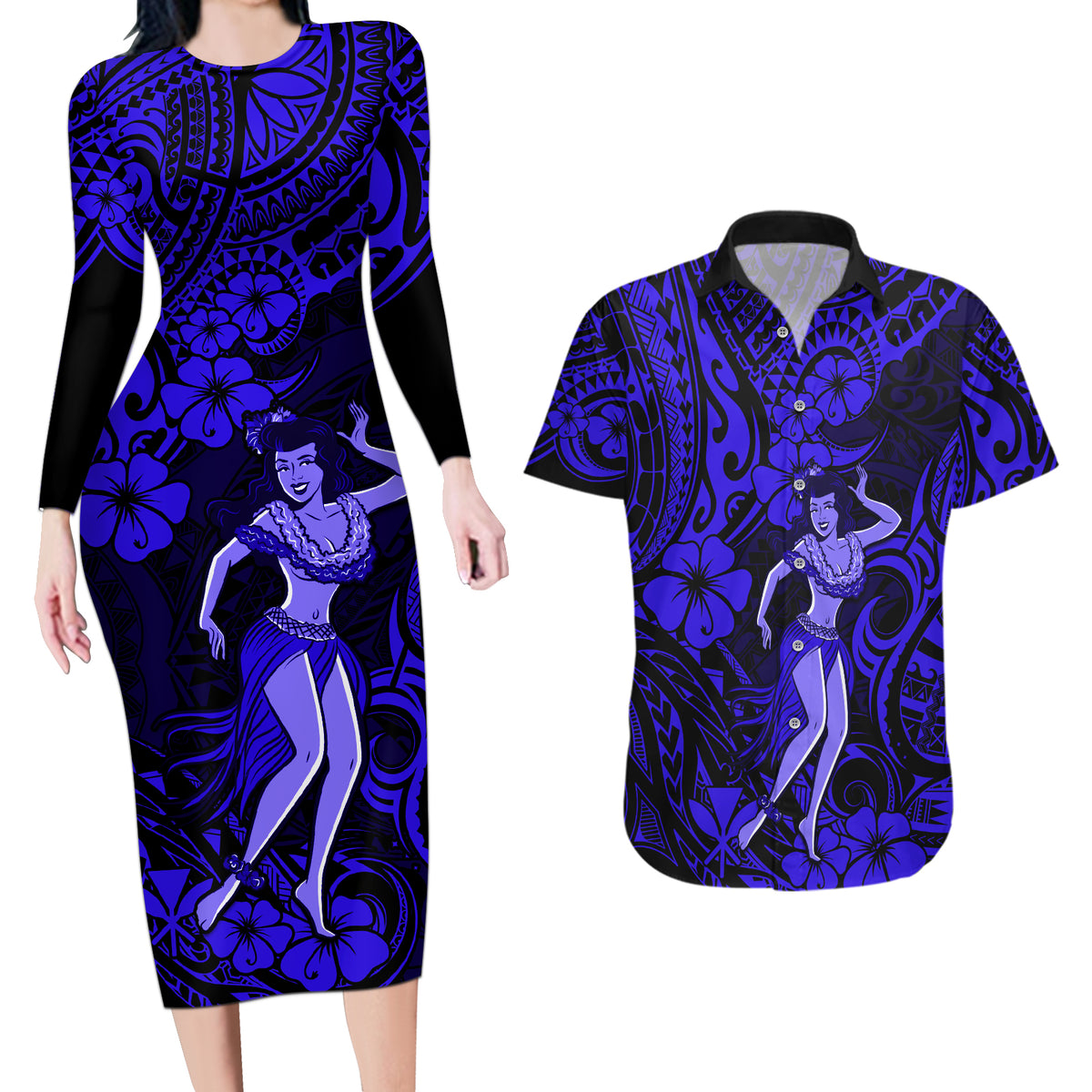Hawaii Hula Girl Couples Matching Long Sleeve Bodycon Dress and Hawaiian Shirt Polynesian Pattern Navy Blue Version - Wonder Print Shop