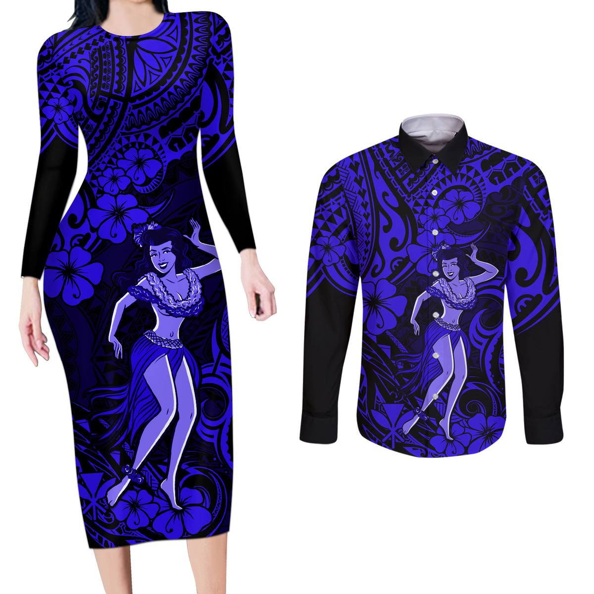 Hawaii Hula Girl Couples Matching Long Sleeve Bodycon Dress and Long Sleeve Button Shirts Polynesian Pattern Navy Blue Version - Wonder Print Shop