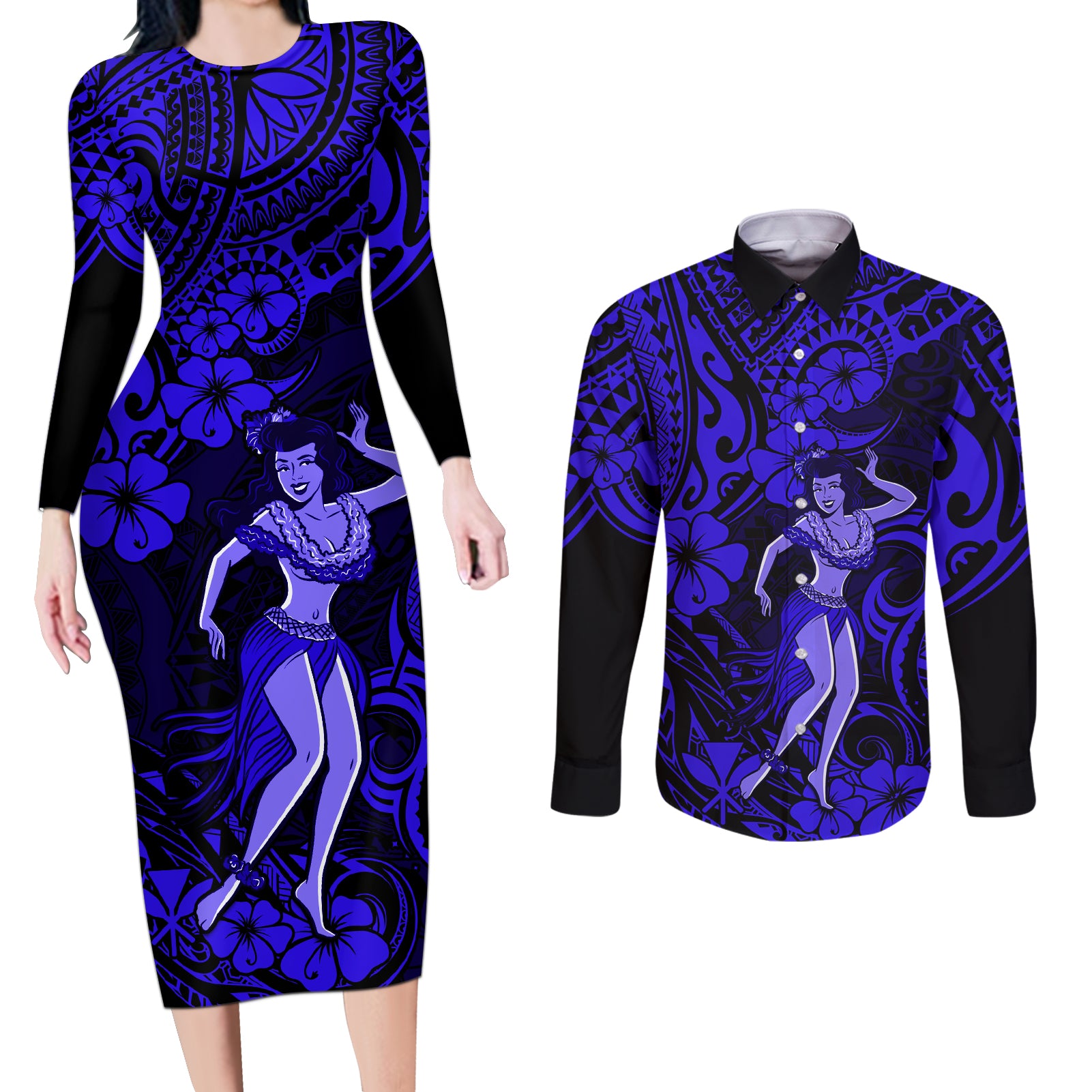 Hawaii Hula Girl Couples Matching Long Sleeve Bodycon Dress and Long Sleeve Button Shirts Polynesian Pattern Navy Blue Version - Wonder Print Shop