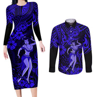 Hawaii Hula Girl Couples Matching Long Sleeve Bodycon Dress and Long Sleeve Button Shirts Polynesian Pattern Navy Blue Version - Wonder Print Shop