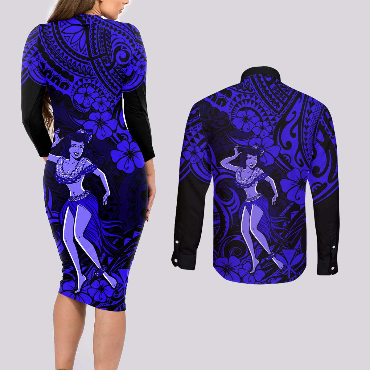 Hawaii Hula Girl Couples Matching Long Sleeve Bodycon Dress and Long Sleeve Button Shirts Polynesian Pattern Navy Blue Version - Wonder Print Shop