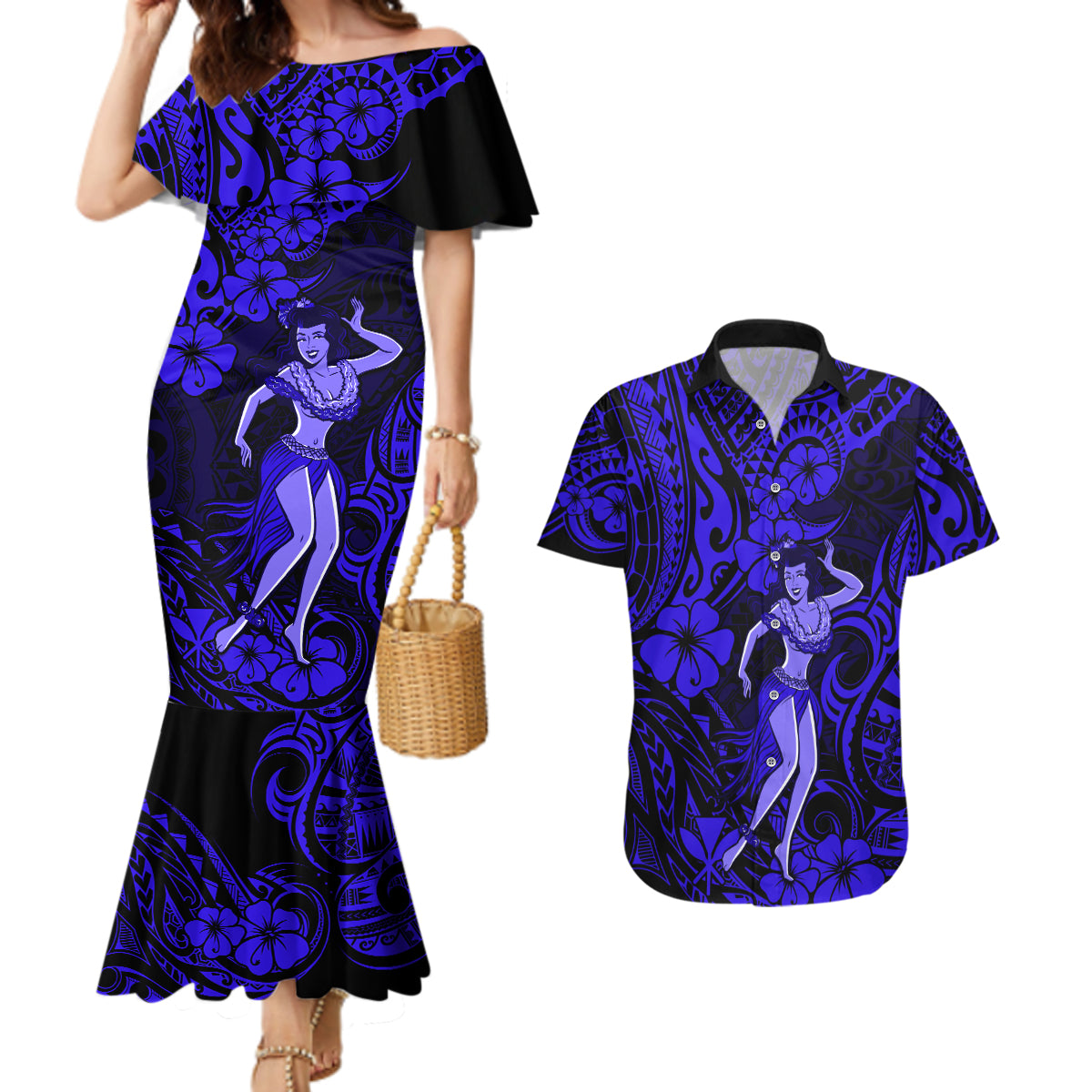 Hawaii Hula Girl Couples Matching Mermaid Dress and Hawaiian Shirt Polynesian Pattern Navy Blue Version - Wonder Print Shop
