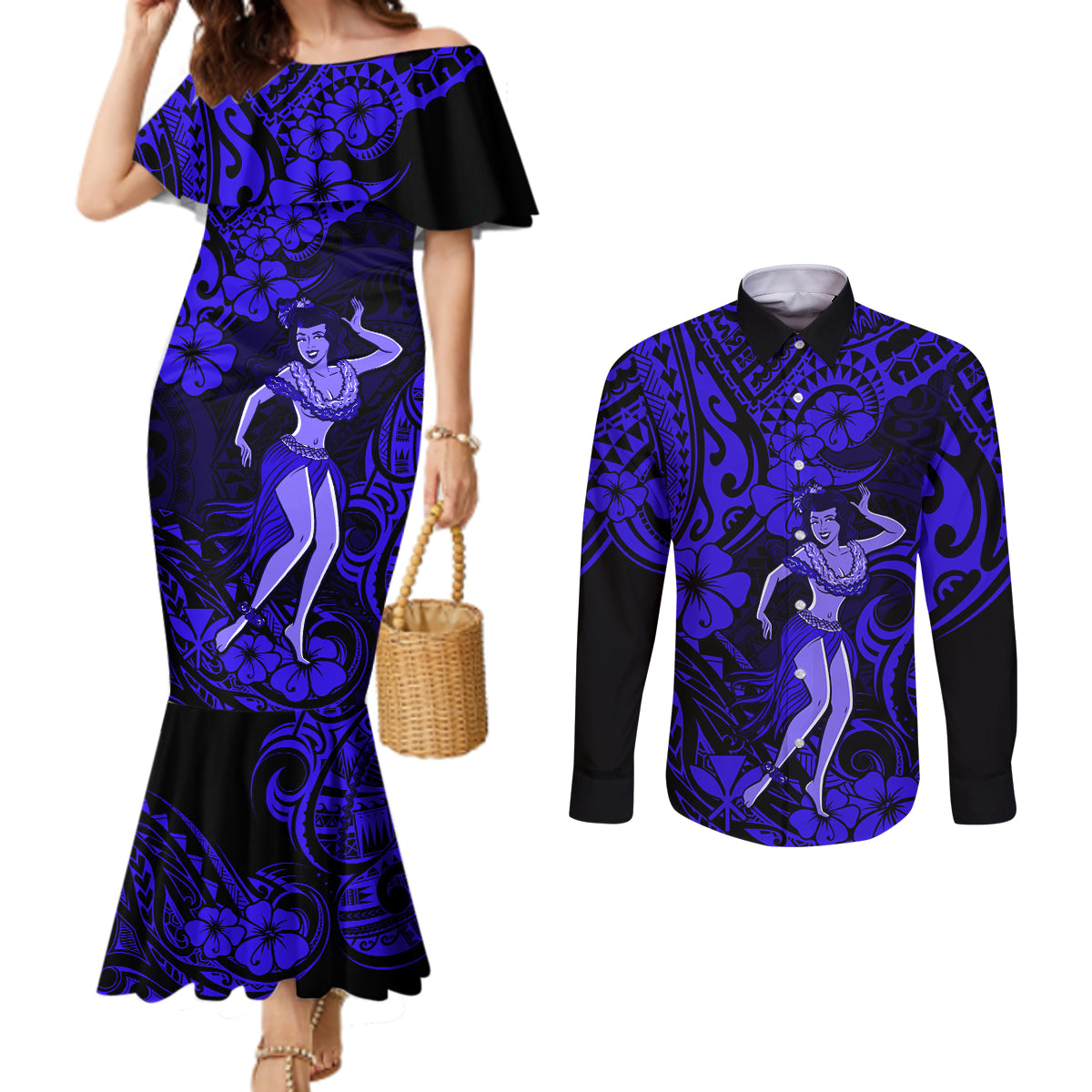 hawaii-hula-girl-couples-matching-mermaid-dress-and-long-sleeve-button-shirts-polynesian-pattern-navy-blue-version