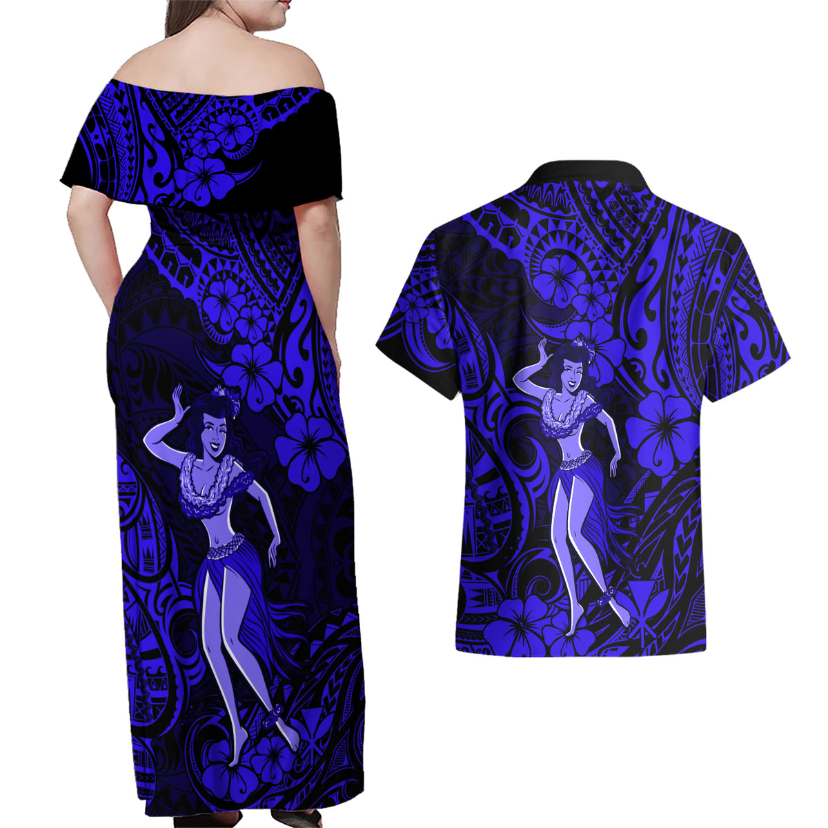 Hawaii Hula Girl Couples Matching Off Shoulder Maxi Dress and Hawaiian Shirt Polynesian Pattern Navy Blue Version - Wonder Print Shop